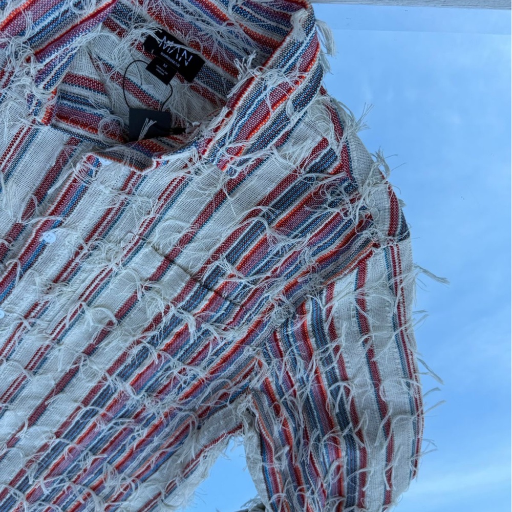 Men's Distressed Striped Button Down Shirt - Red, Blue, White